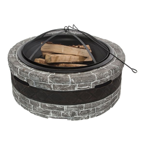 Sun Joe 28-Inch Cast Stone Base, Wood Burning 24-Inch Fire Pit w/Dome Screen and Poker, Charcoal Gray SJFP28-STN-CS